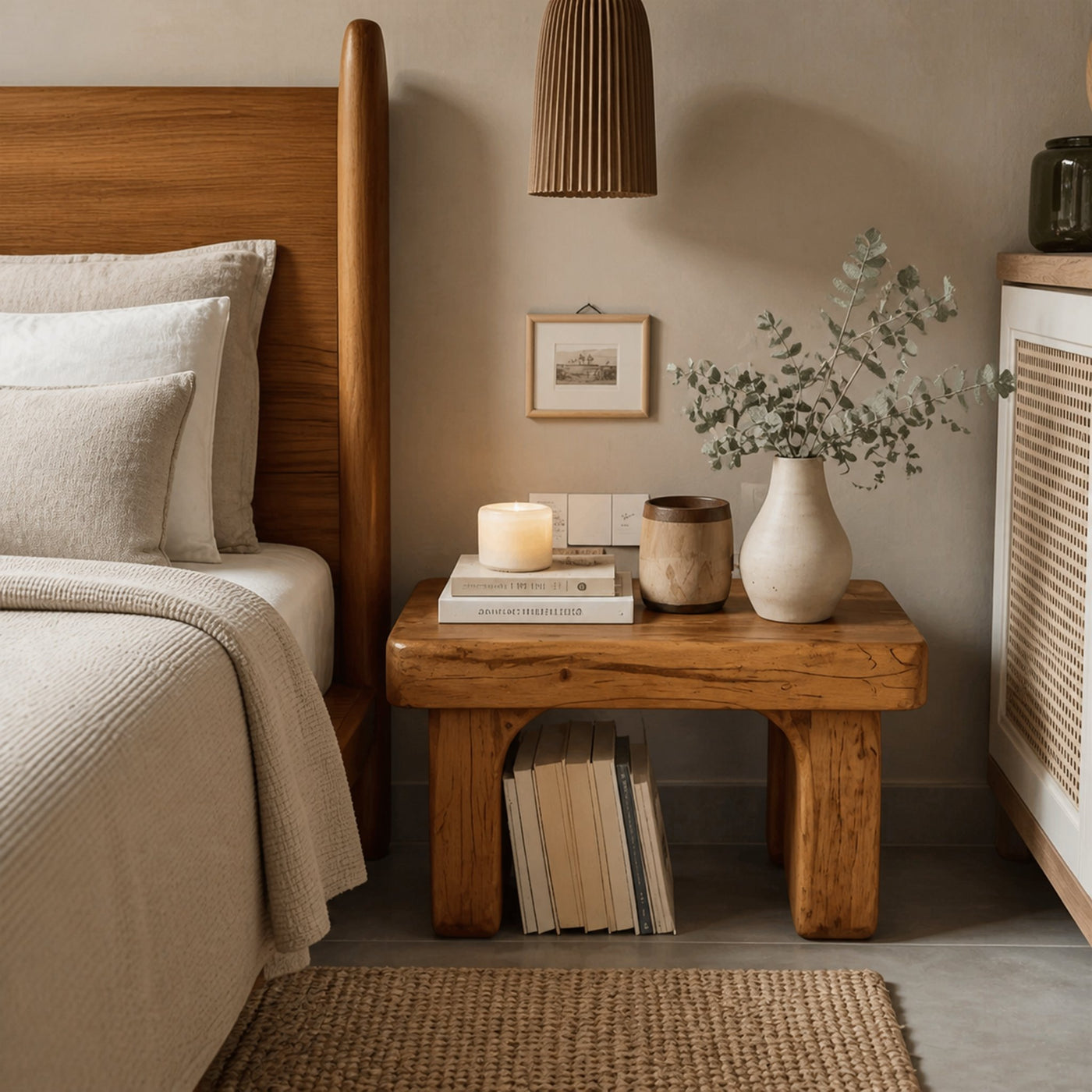 Rustic Nightstand Low Bedside Table With Shelf For Bedroom And Meditation - product view 6