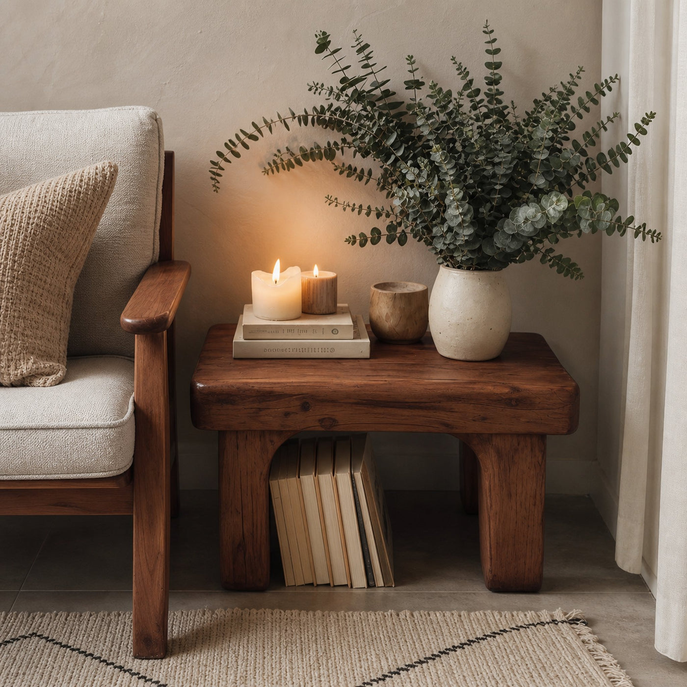 Rustic Nightstand Low Bedside Table With Shelf For Bedroom And Meditation - product view 7