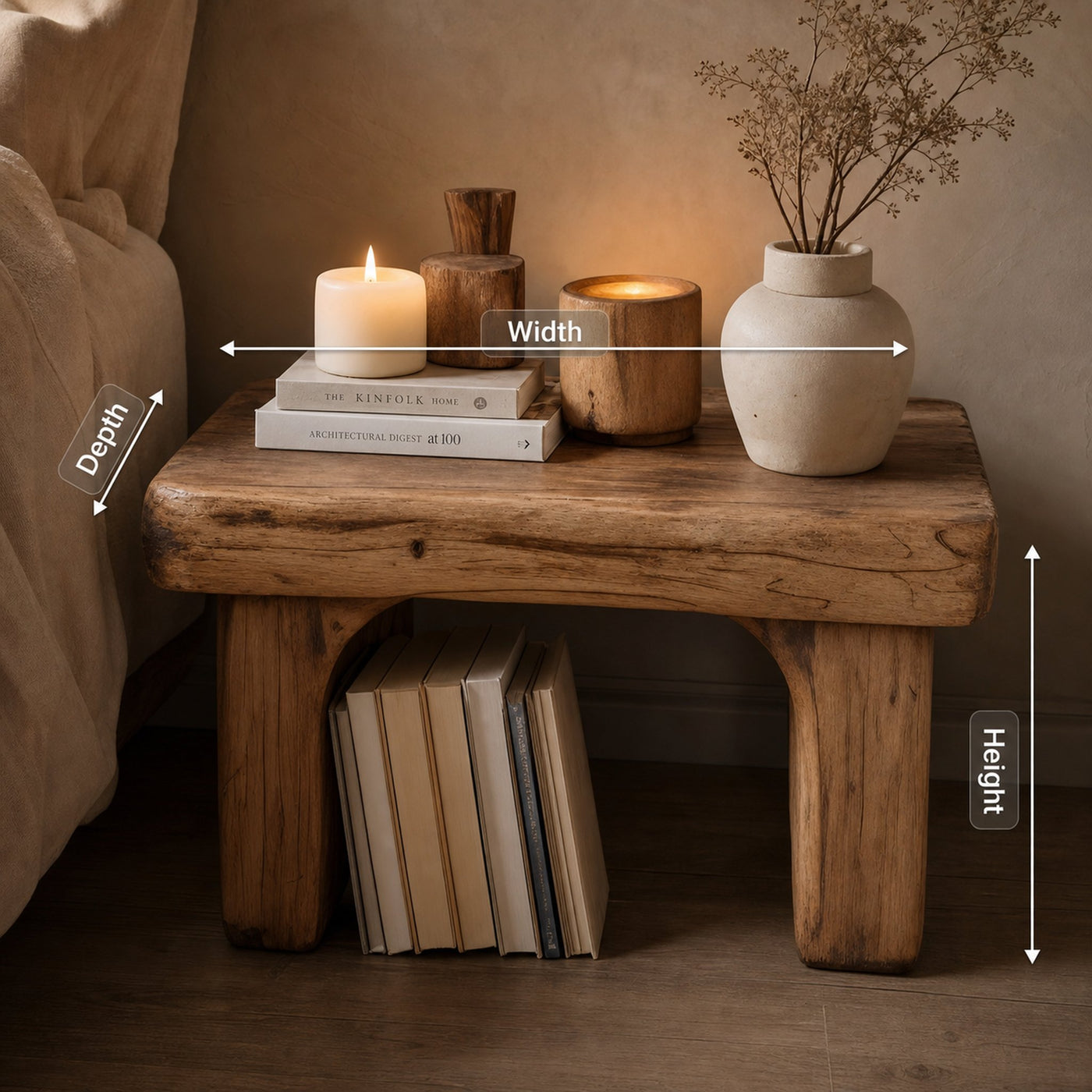 Rustic Nightstand Low Bedside Table With Shelf For Bedroom And Meditation - product view 8