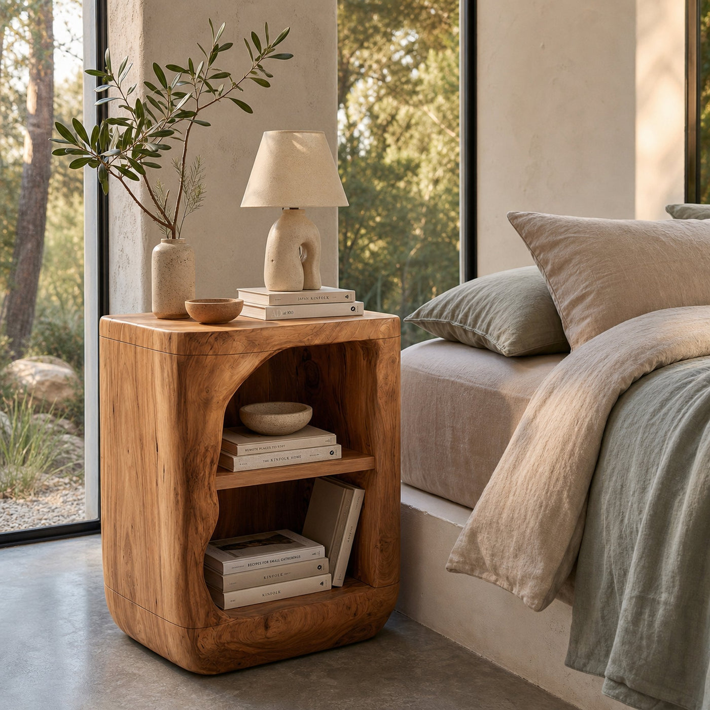Rustic Nightstand With Open Shelf Storage For Bedroom