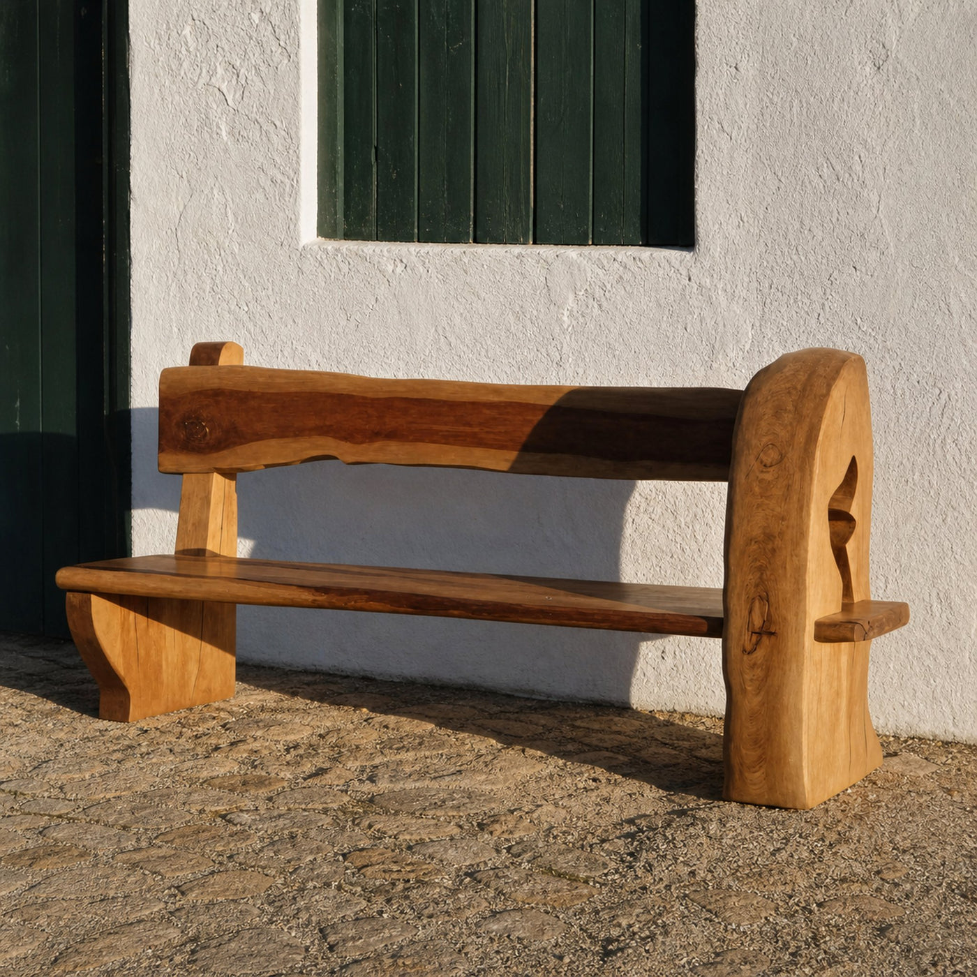 Rustic Organic Bench With Sculptural Armrest For Garden Or Entryway