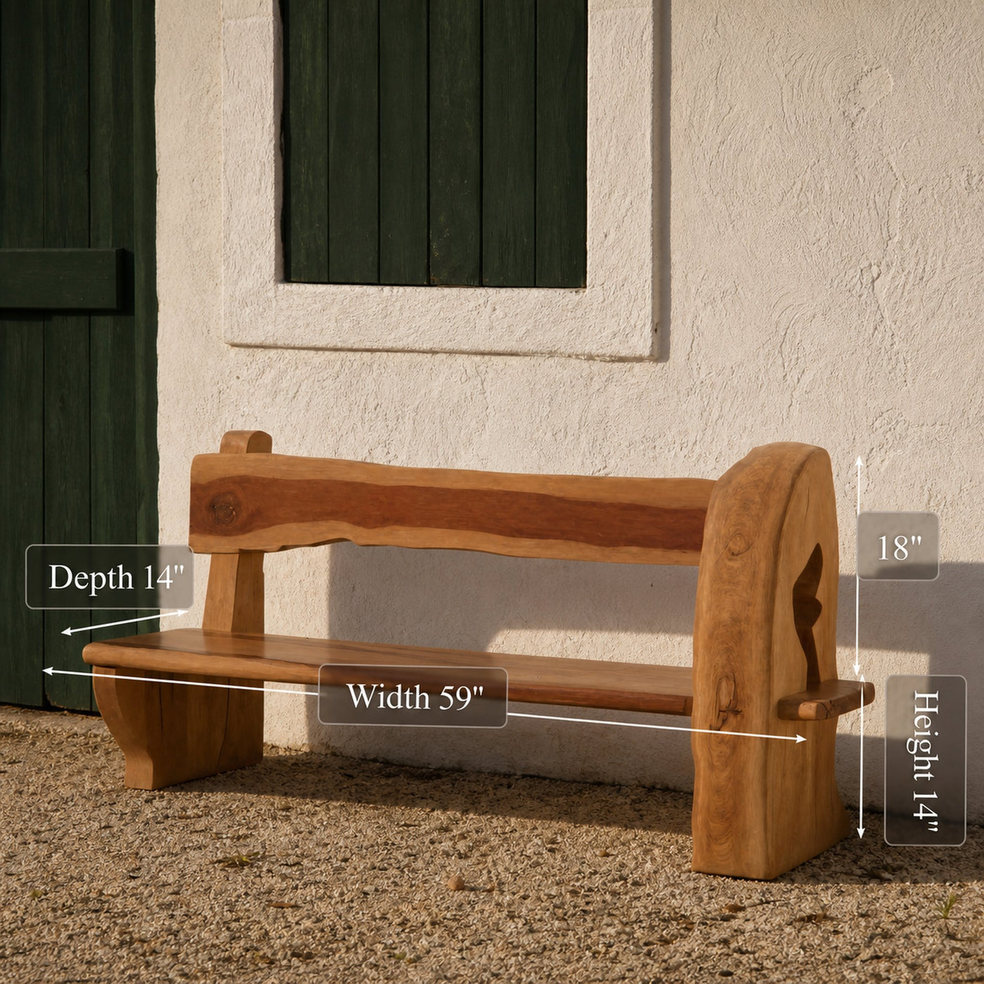 Rustic Organic Bench With Sculptural Armrest For Garden Or Entryway - product view 6