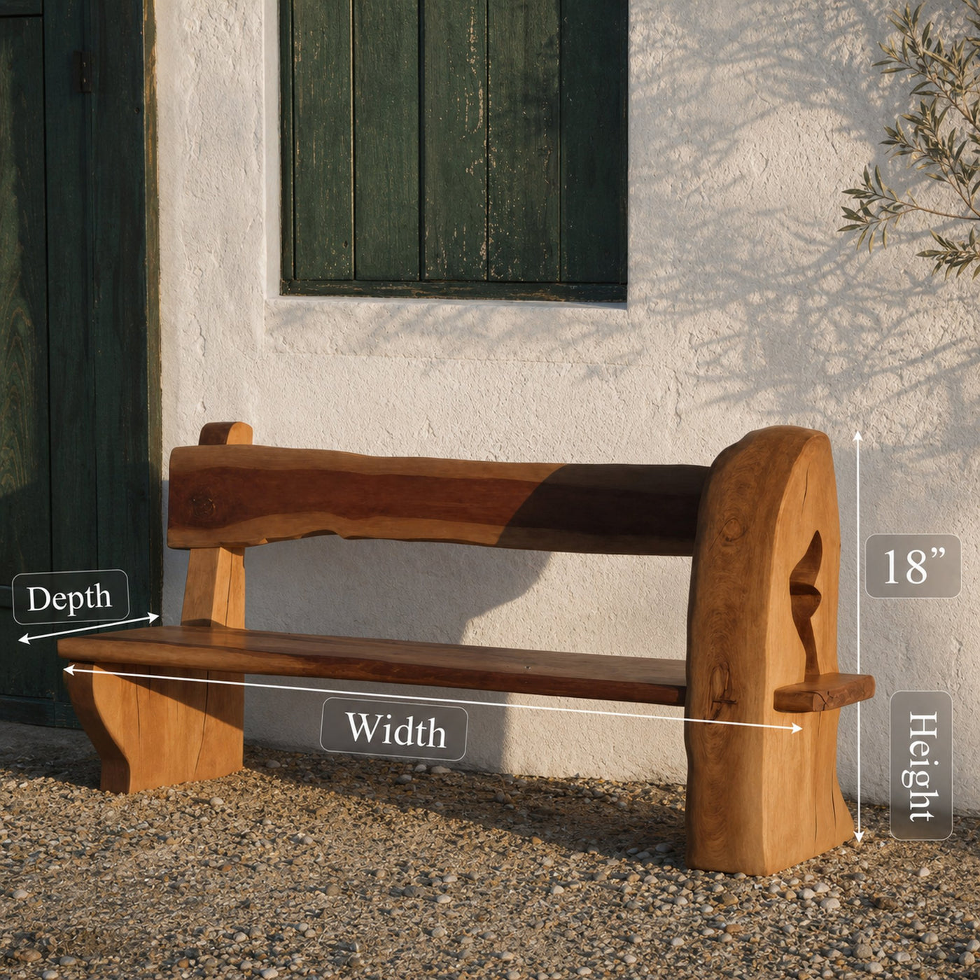 Rustic Organic Bench With Sculptural Armrest For Garden Or Entryway - product view 7