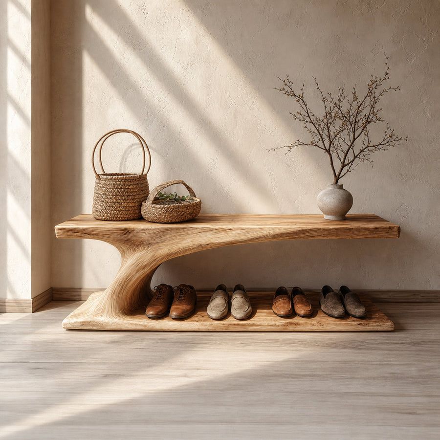 Rustic Organic Form Wooden Shoe Storage Bench Porch