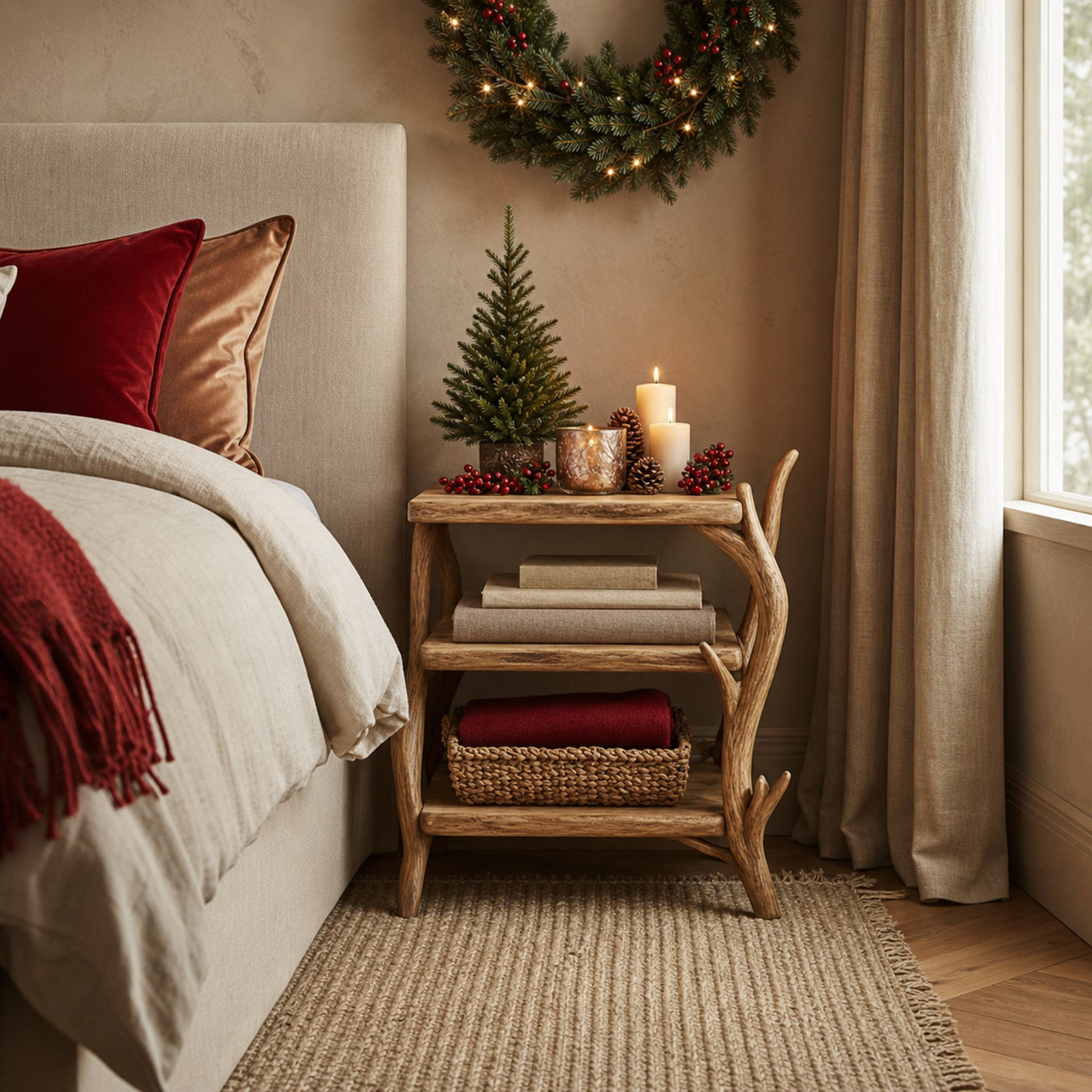 Rustic Organic Nightstand Christmas Bedroom Seasonal Display