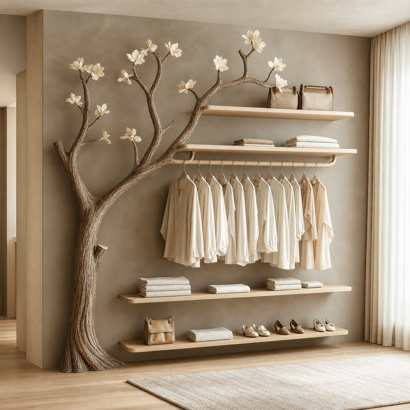 Rustic Organic Tree Wardrobe Shelf Blooming Living Room