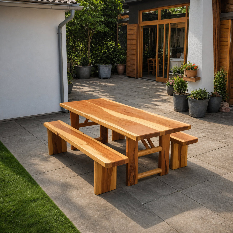 Rustic Outdoor Table With Benches For Garden Or Backyard Gatherings
