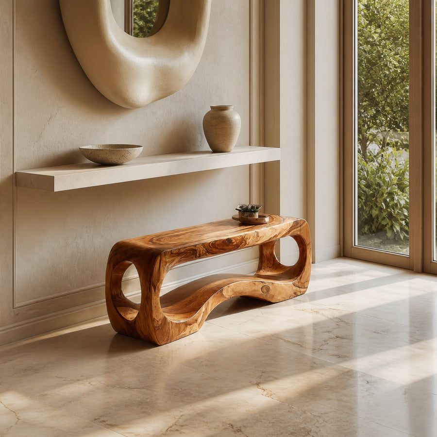 Rustic Sculptural Bench For Living Room And Entryway