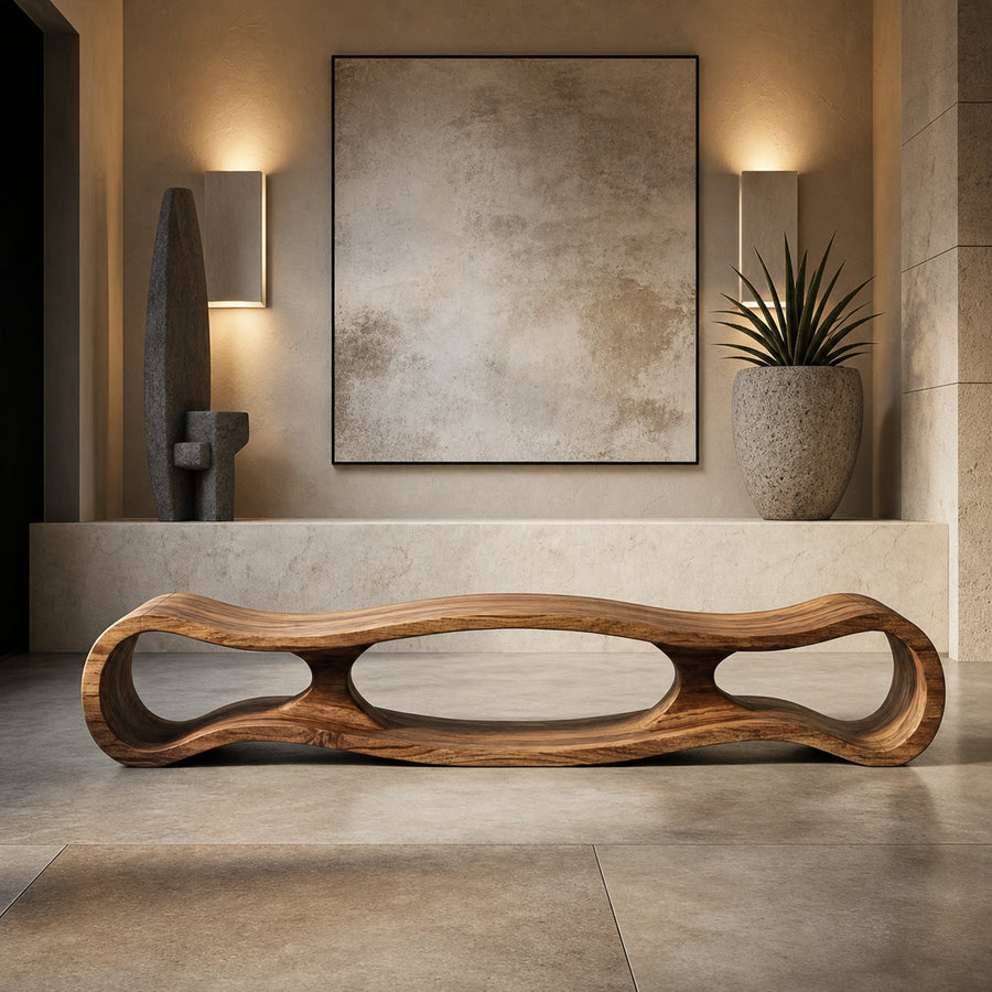 Rustic Sculptural Bench For Living Room And Entryway
