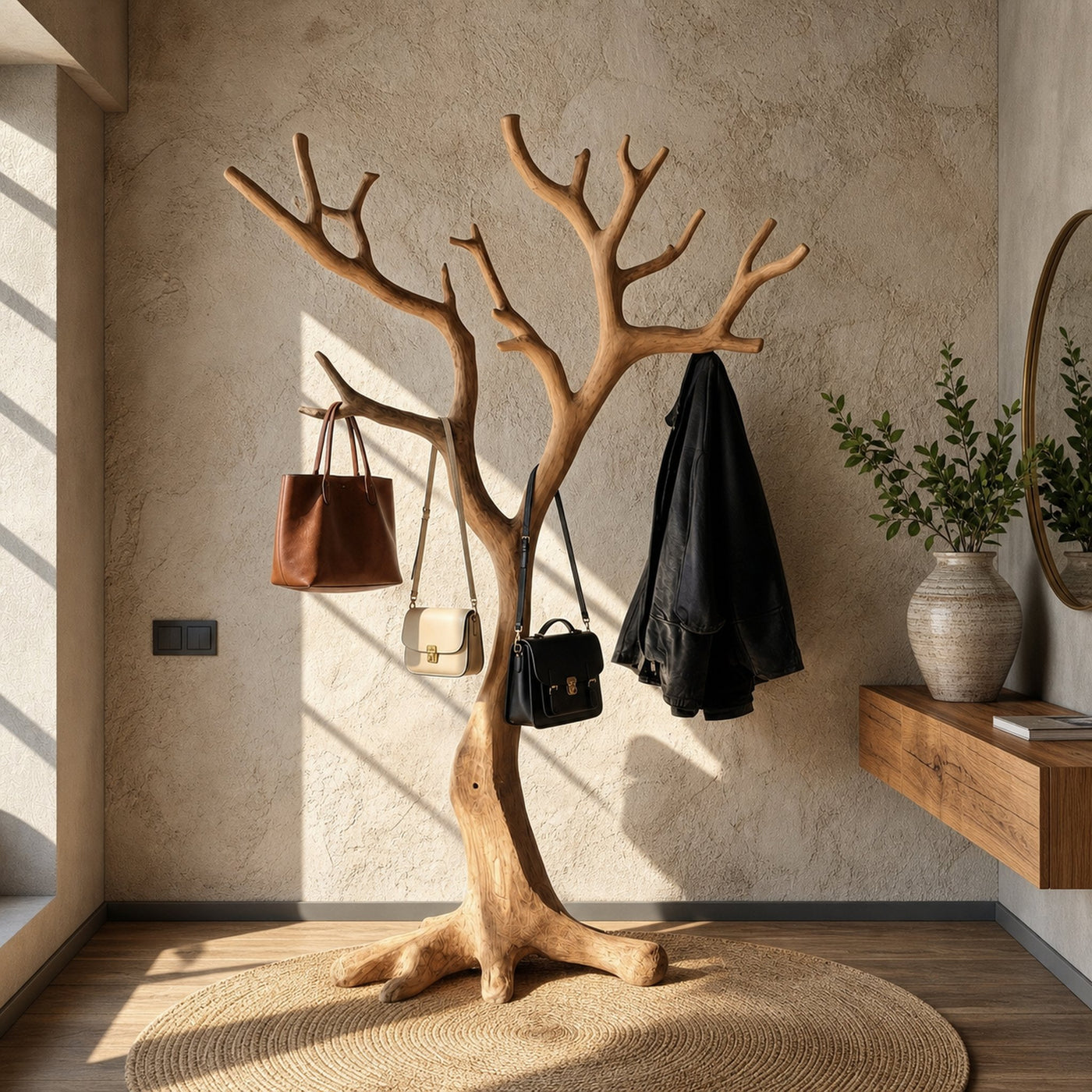 Rustic Sculptural Coat Rack For Entryway And Modern Rustic Interior