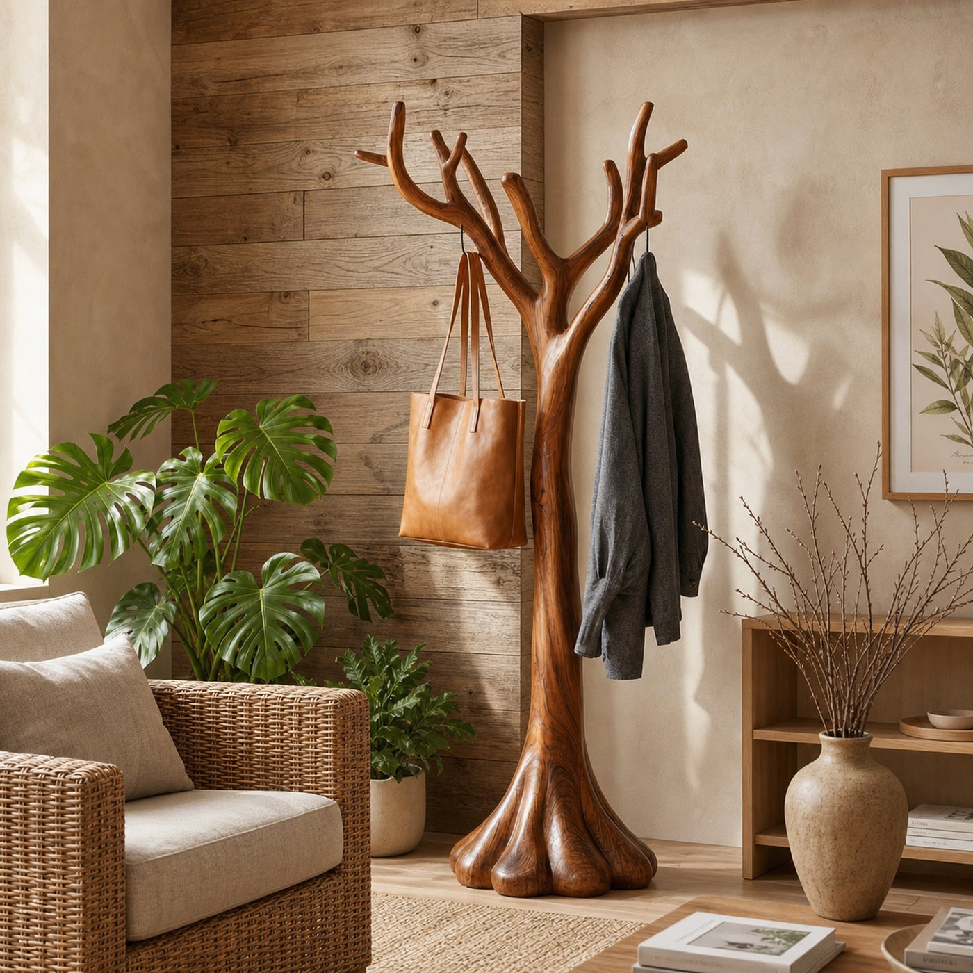 Rustic Sculptural Entryway Coat Rack For Living Room And Lounge