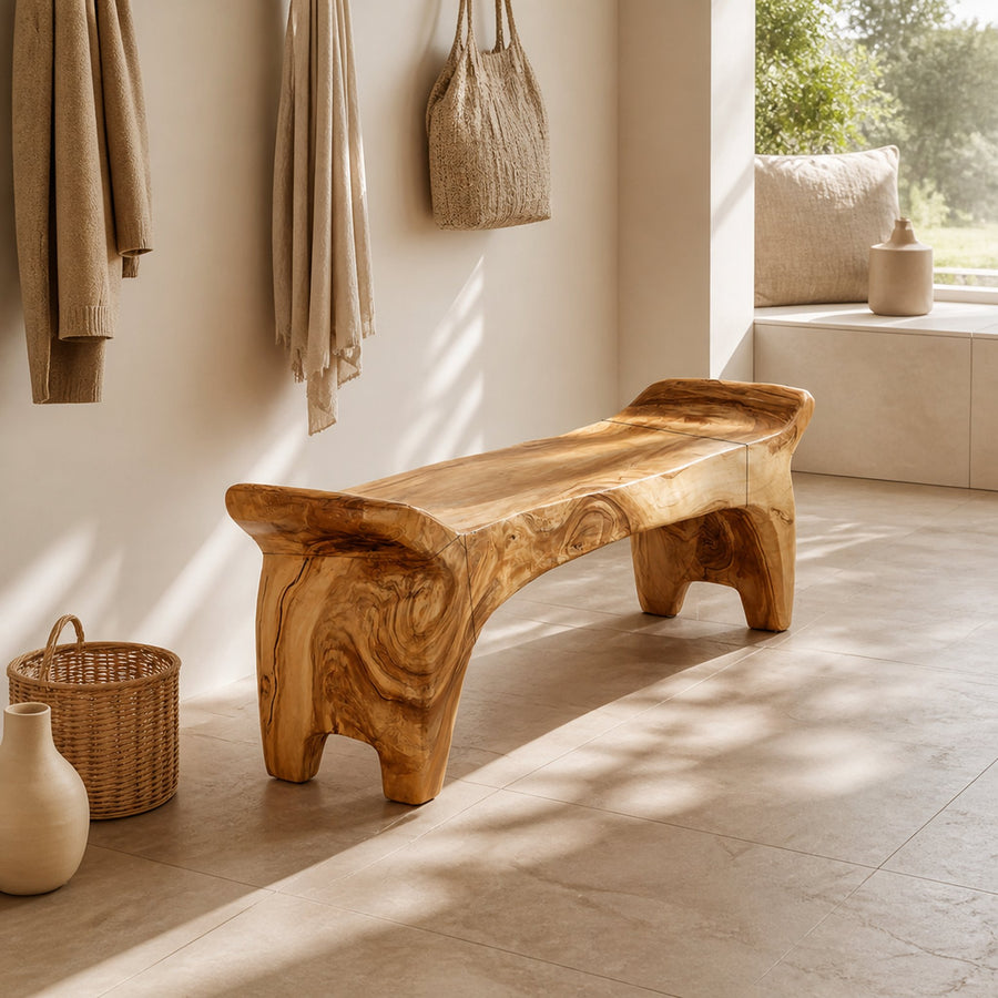 Rustic Sculptural Solid Form Bench For Entryway And Living Room
