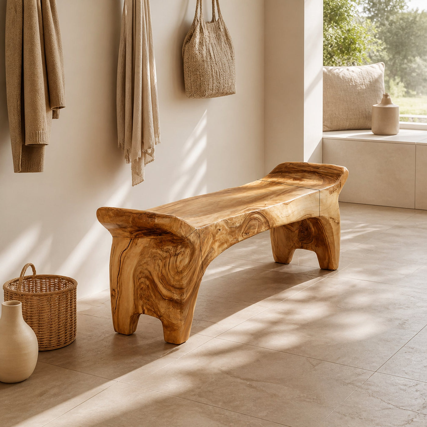 Rustic Sculptural Solid Form Bench For Entryway And Living Room