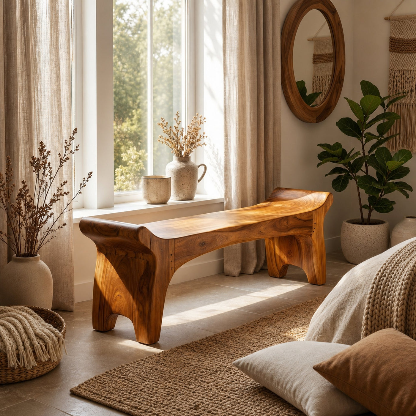 Rustic Sculptural Solid Form Bench For Entryway And Living Room - product view 6