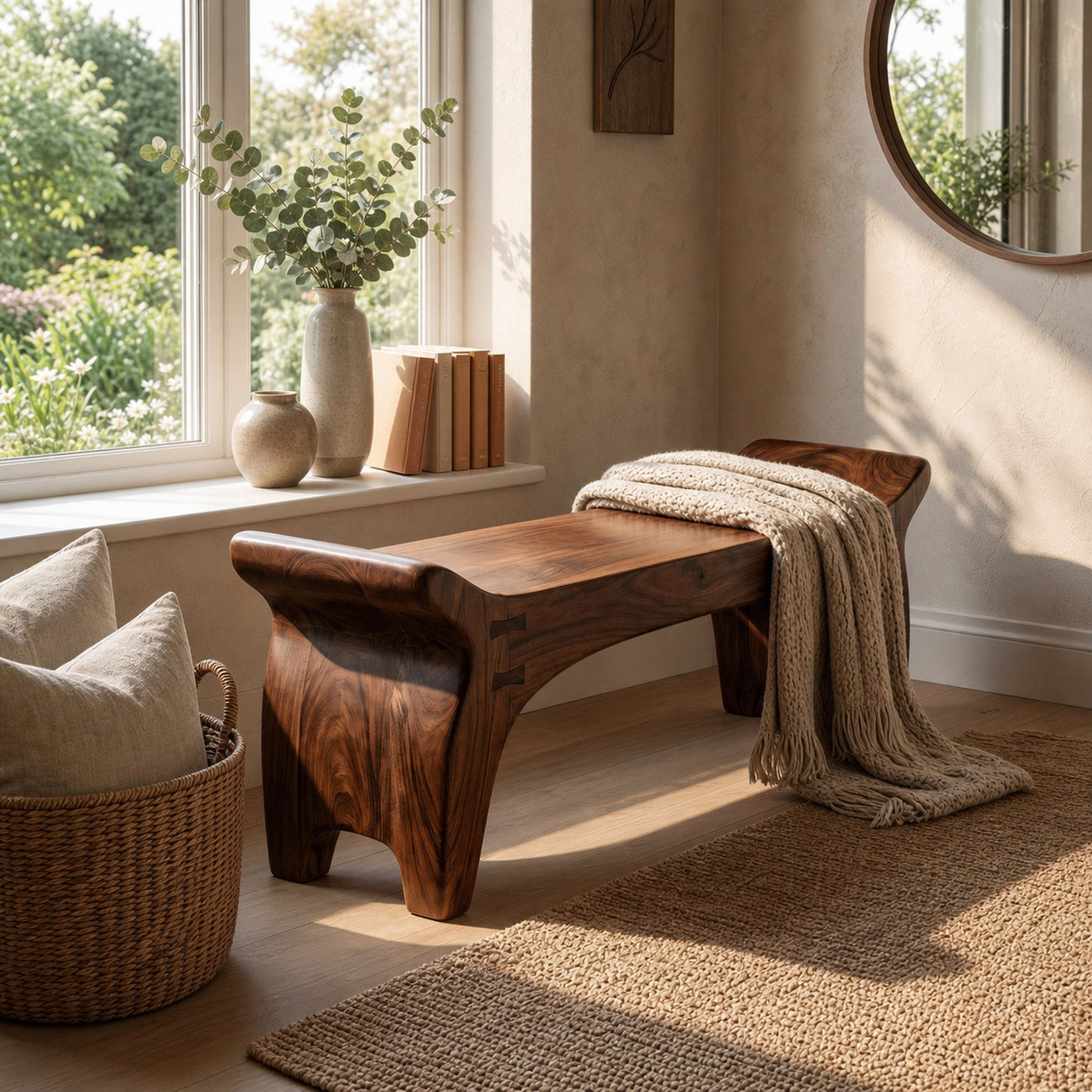 Rustic Sculptural Solid Form Bench For Entryway And Living Room - product view 7