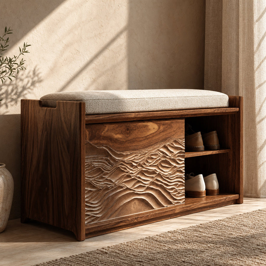 Rustic Sculptural Storage Bench For Bedroom And Resting Area