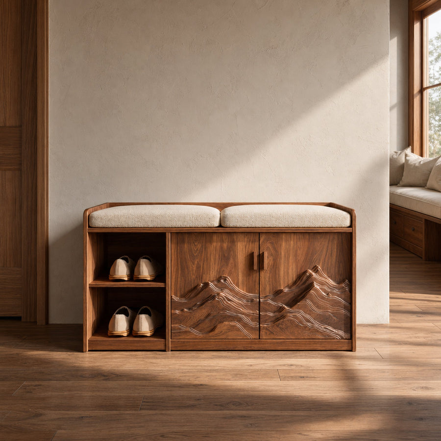 Rustic Sculptural Storage Bench For Entryway Or Sleeping Space