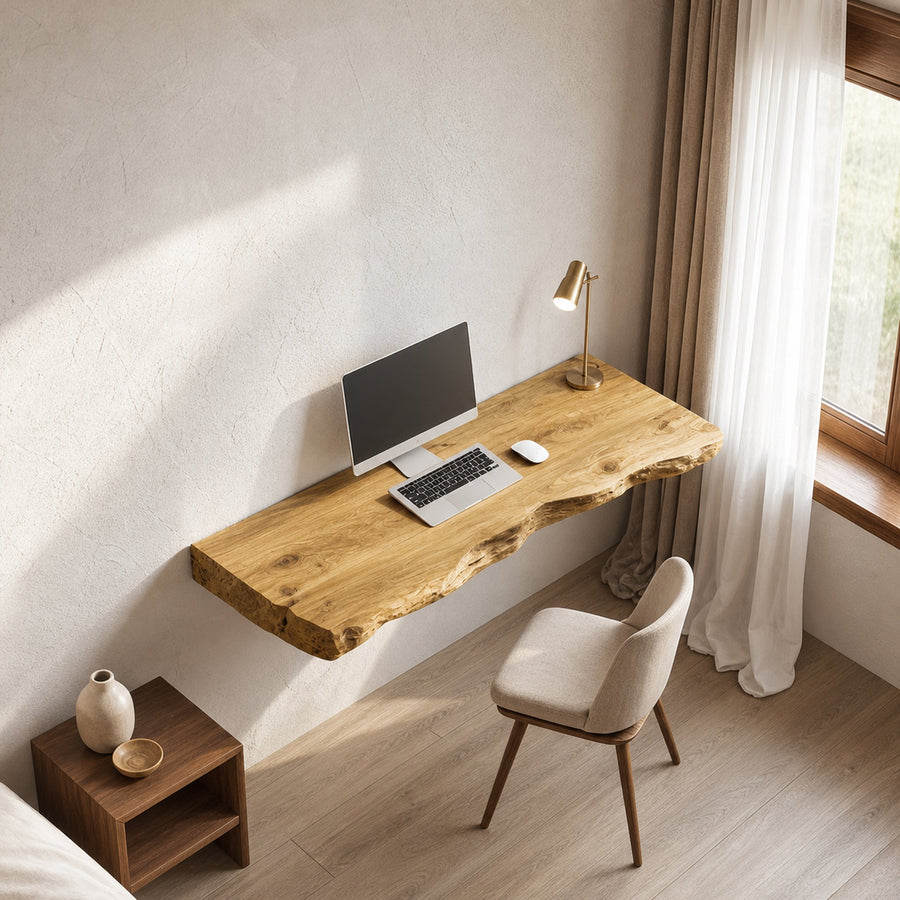 Rustic Sculptural Wall Mounted Console Desk Solid Wood Home Office Interior Modern Workspace