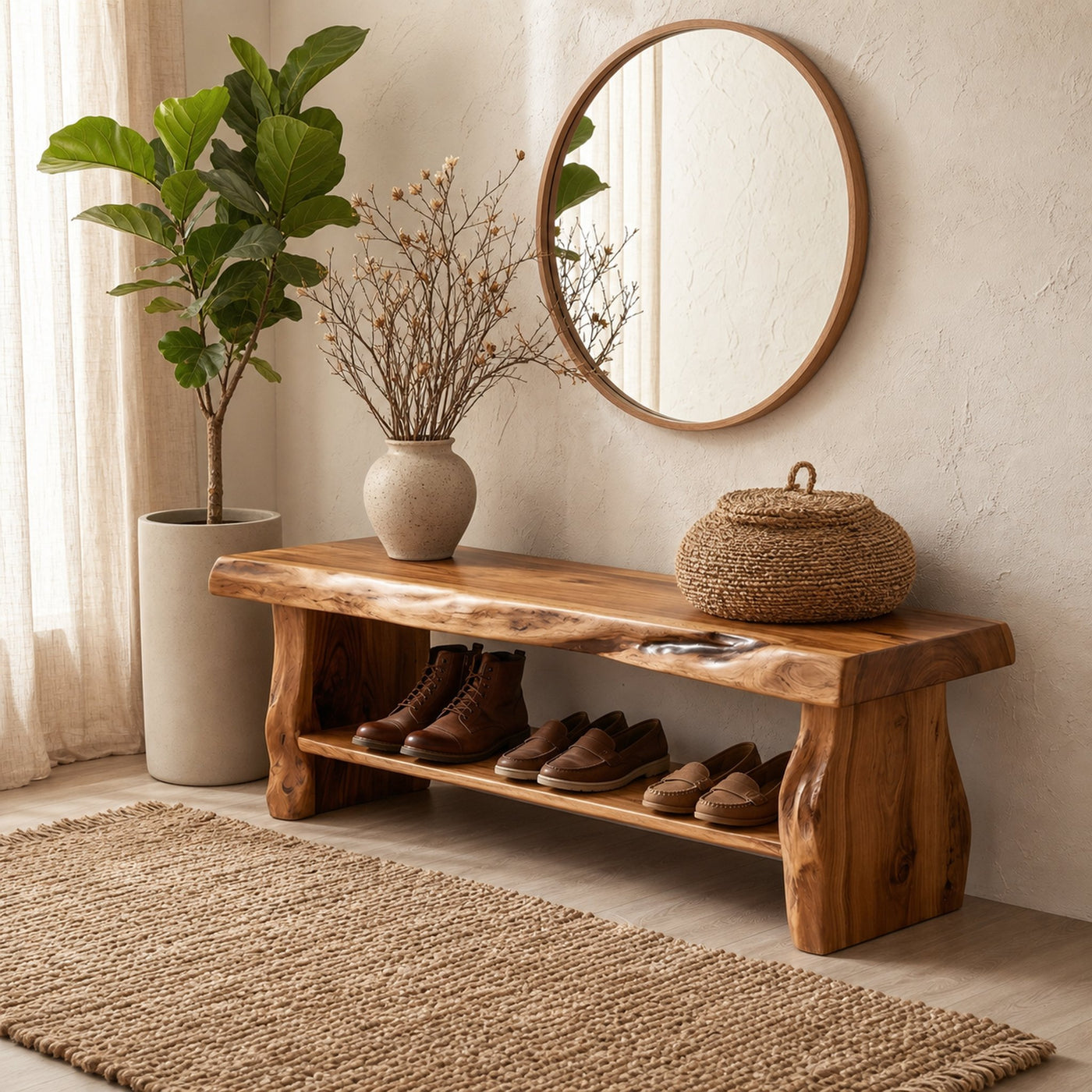 Rustic Shoe Bench Natural Wood Storage For Entryway