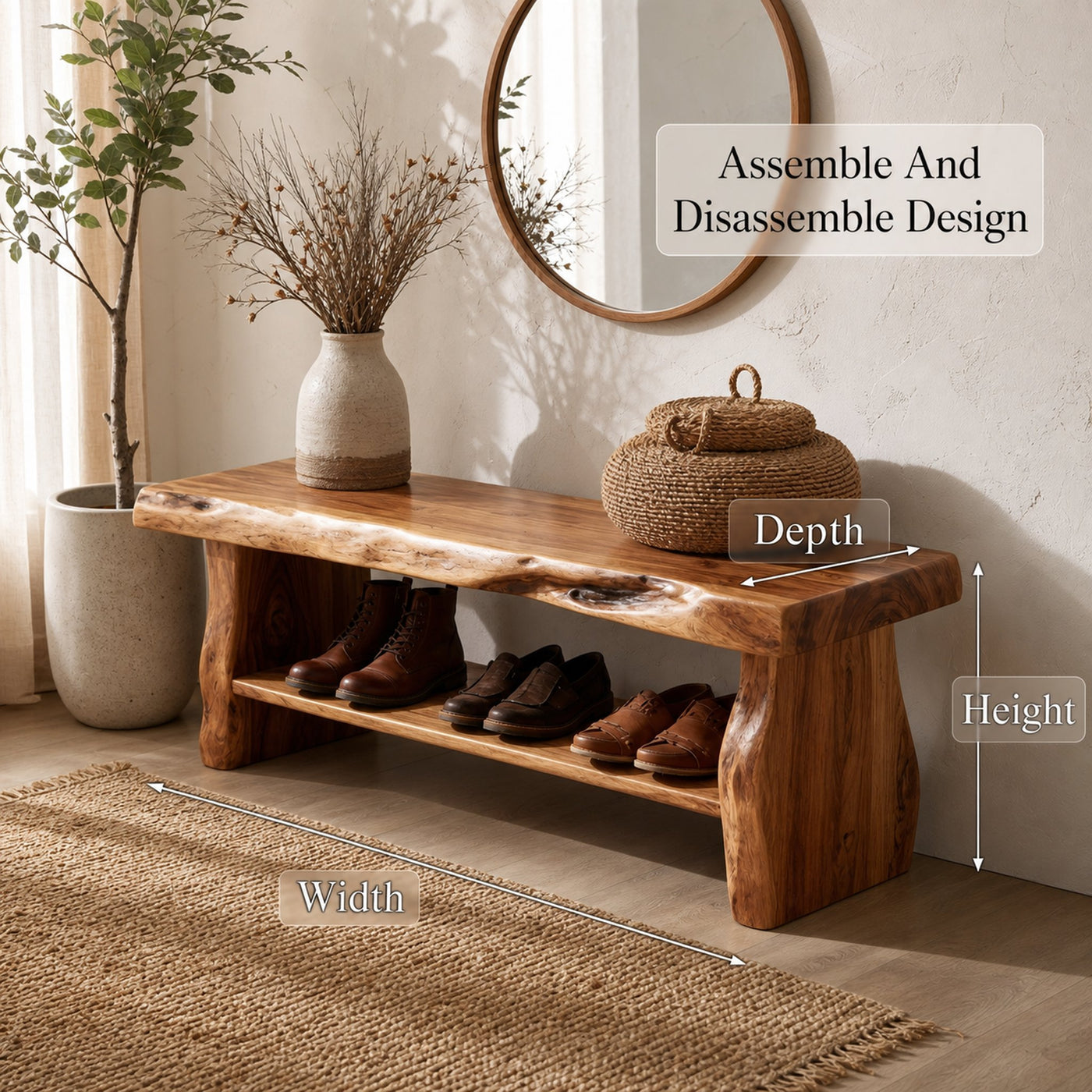Rustic Shoe Bench Natural Wood Storage For Entryway - product view 8