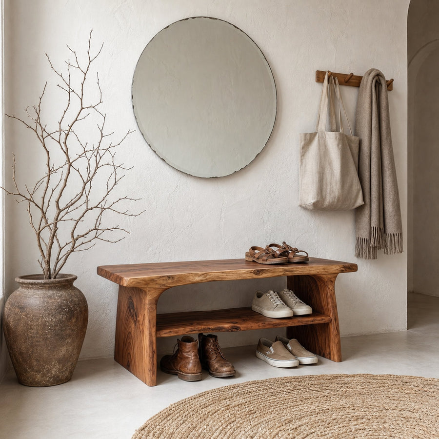 Rustic Shoe Bench With Natural Wood Storage For Entryway