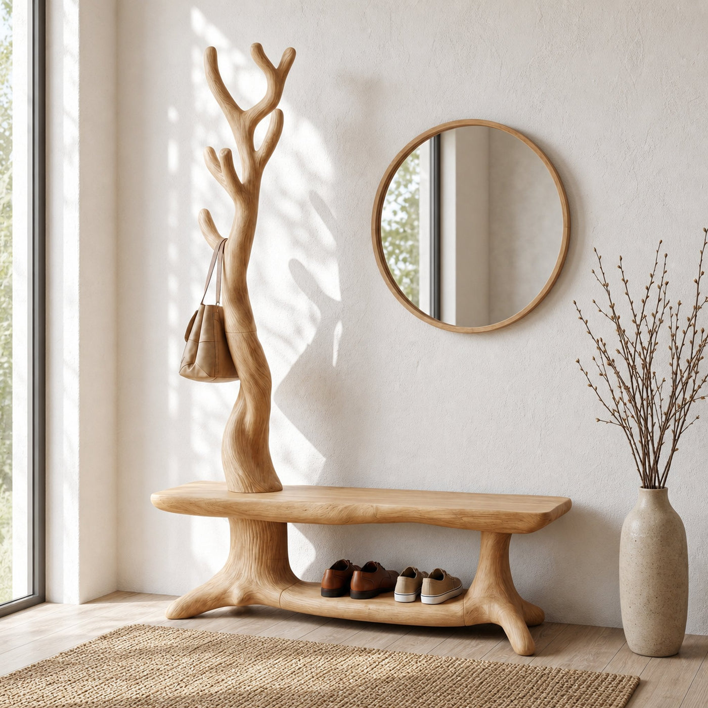 Rustic Shoe Storage Bench With Branch Coat Rack For Entryway