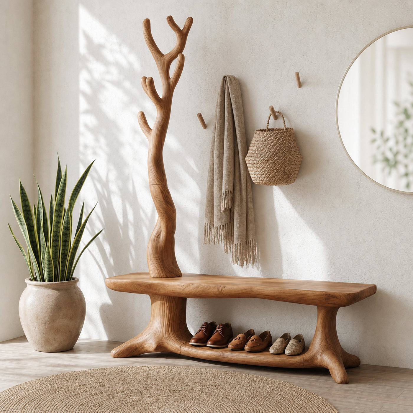 Rustic Shoe Storage Bench With Branch Coat Rack For Entryway - product view 6