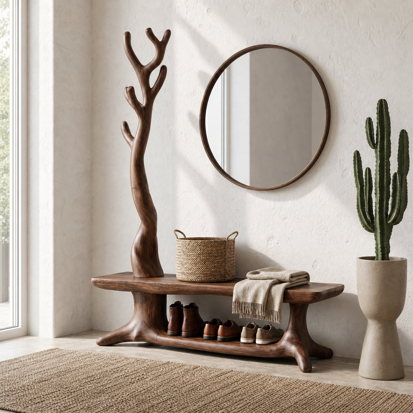 Rustic Shoe Storage Bench With Branch Coat Rack For Entryway - product view 7