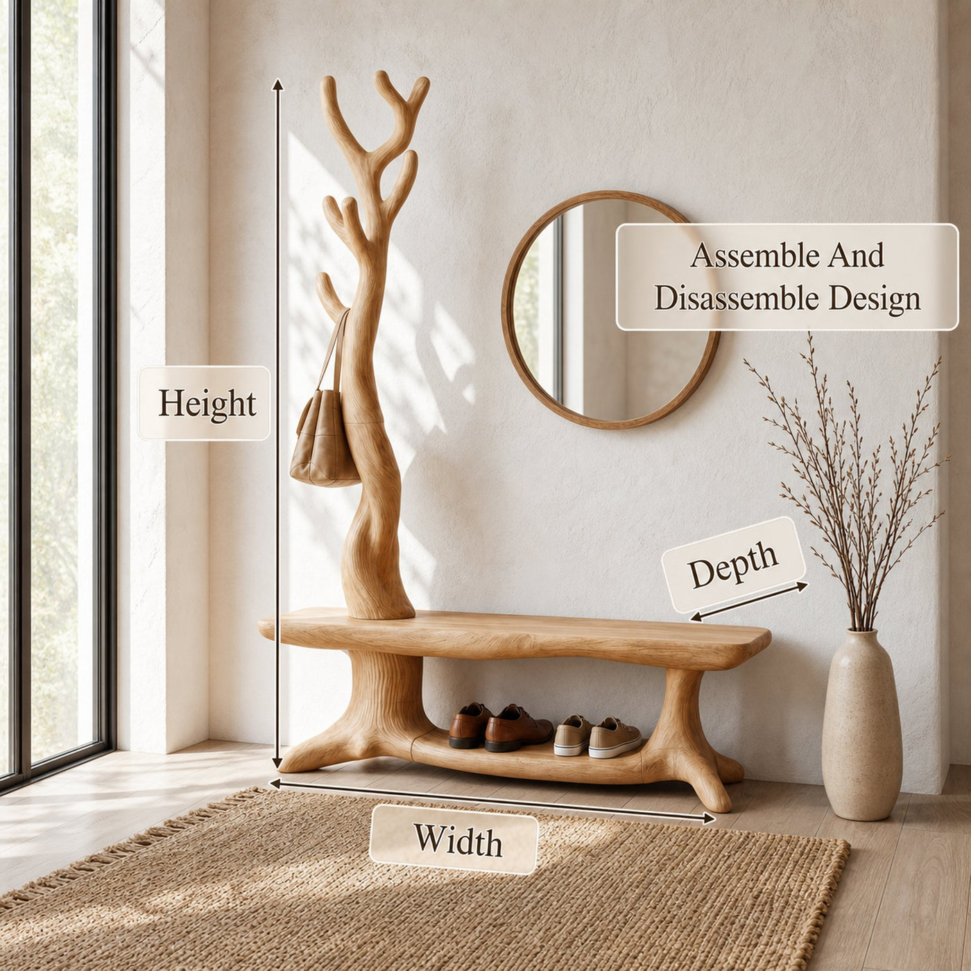 Rustic Shoe Storage Bench With Branch Coat Rack For Entryway - product view 8