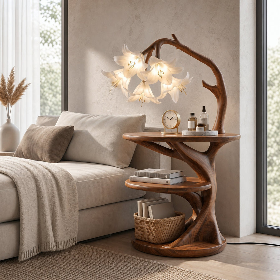 Rustic Side Table With Flower Shade Lamp For Bedroom And Living Room