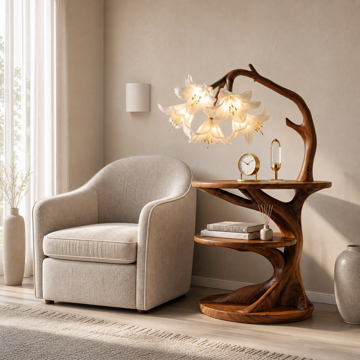 Rustic Side Table With Flower Shade Lamp For Bedroom And Living Room - product view 6