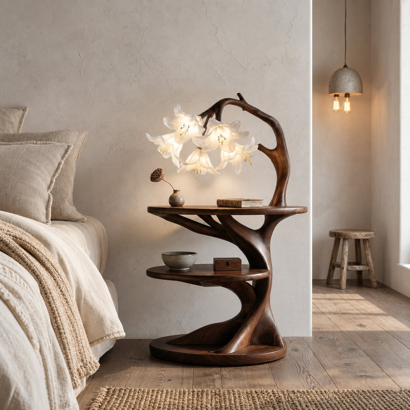 Rustic Side Table With Flower Shade Lamp For Bedroom And Living Room - product view 7