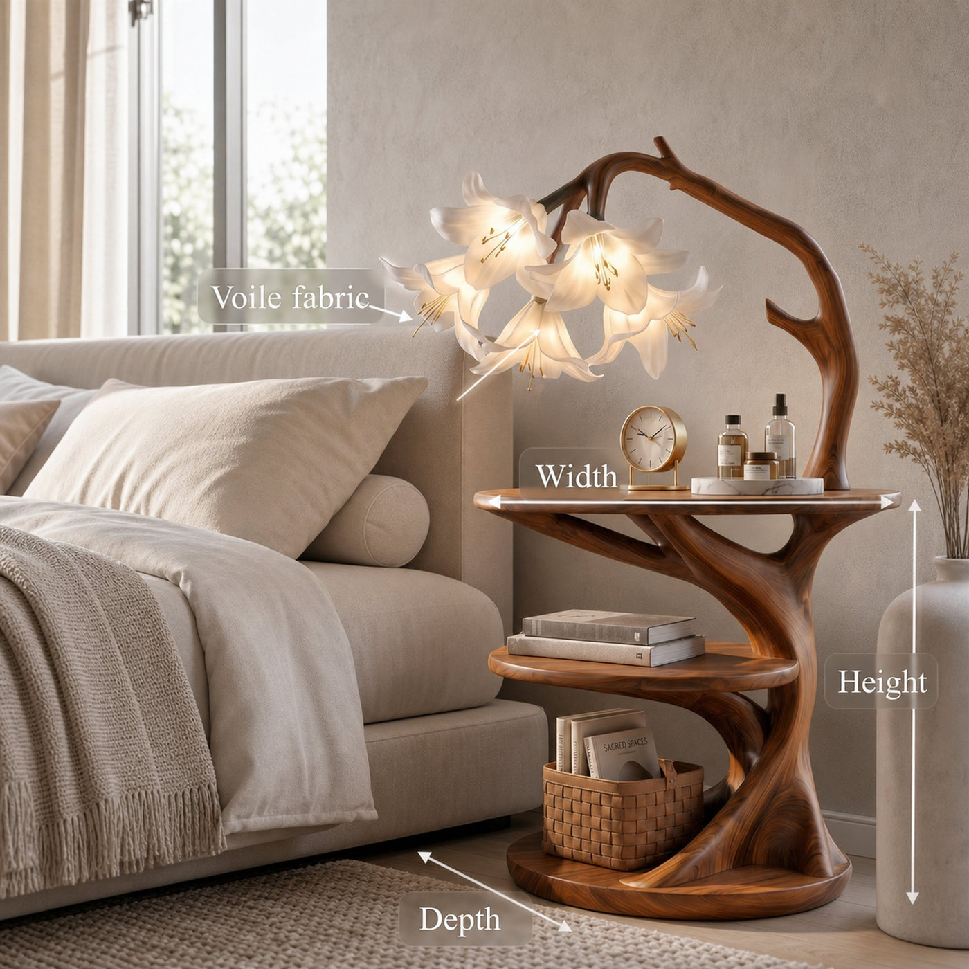 Rustic Side Table With Flower Shade Lamp For Bedroom And Living Room - product view 8