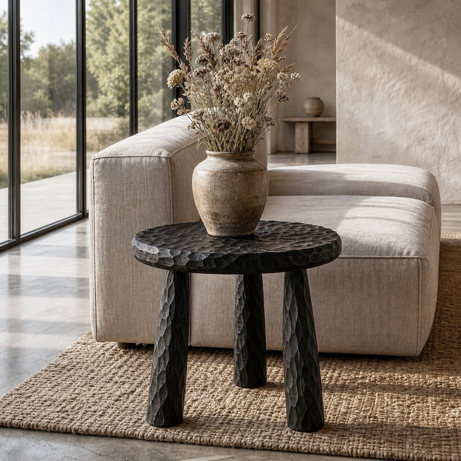 Rustic Side Table With Handcrafted Solid Wood Top And Chunky Pedestal Legs For Living Room And Bedroom