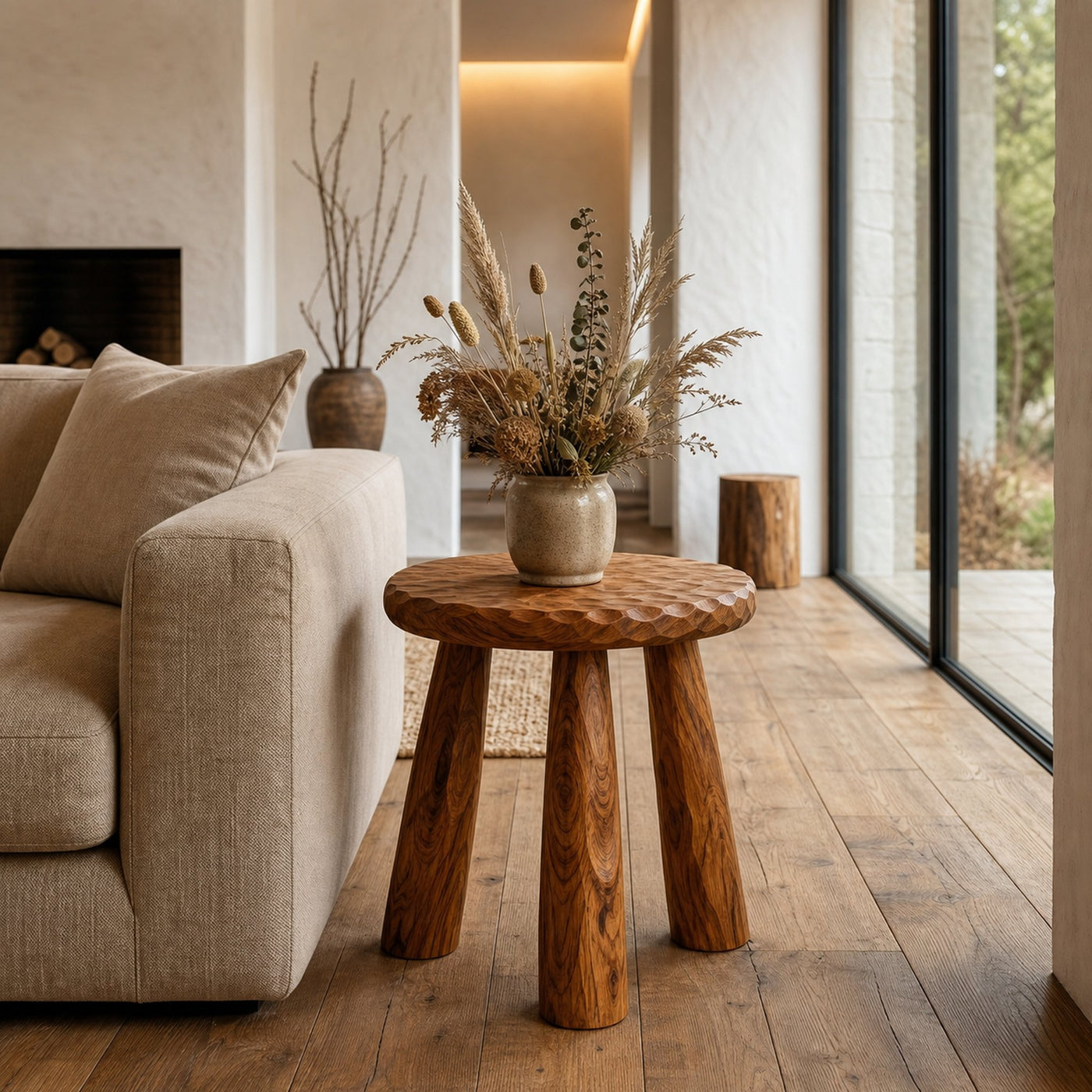 Rustic Side Table With Handcrafted Solid Wood Top And Chunky Pedestal Legs For Living Room And Bedroom - product view 6