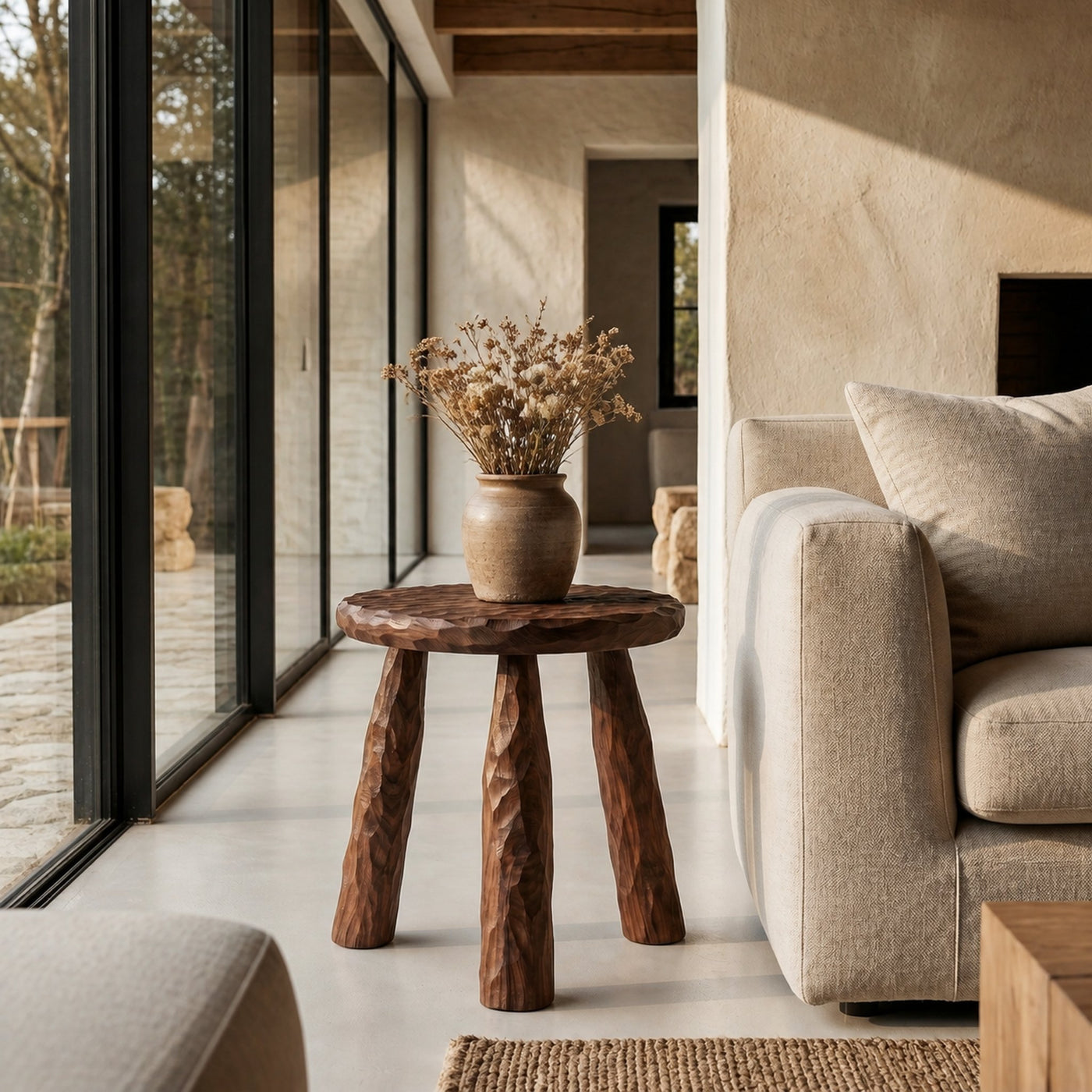 Rustic Side Table With Handcrafted Solid Wood Top And Chunky Pedestal Legs For Living Room And Bedroom - product view 7