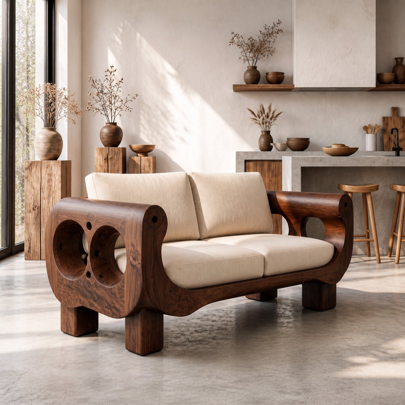 Rustic Sofa Frame With Handcrafted Sculptural Wood Design For Living Room