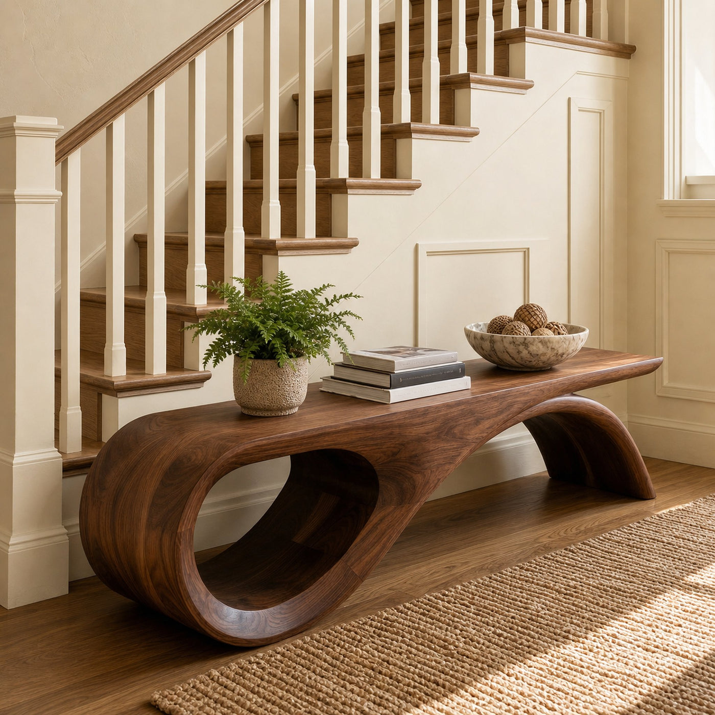Rustic Solid Wood Bench Loop Curved Base Entryway And Living Room
