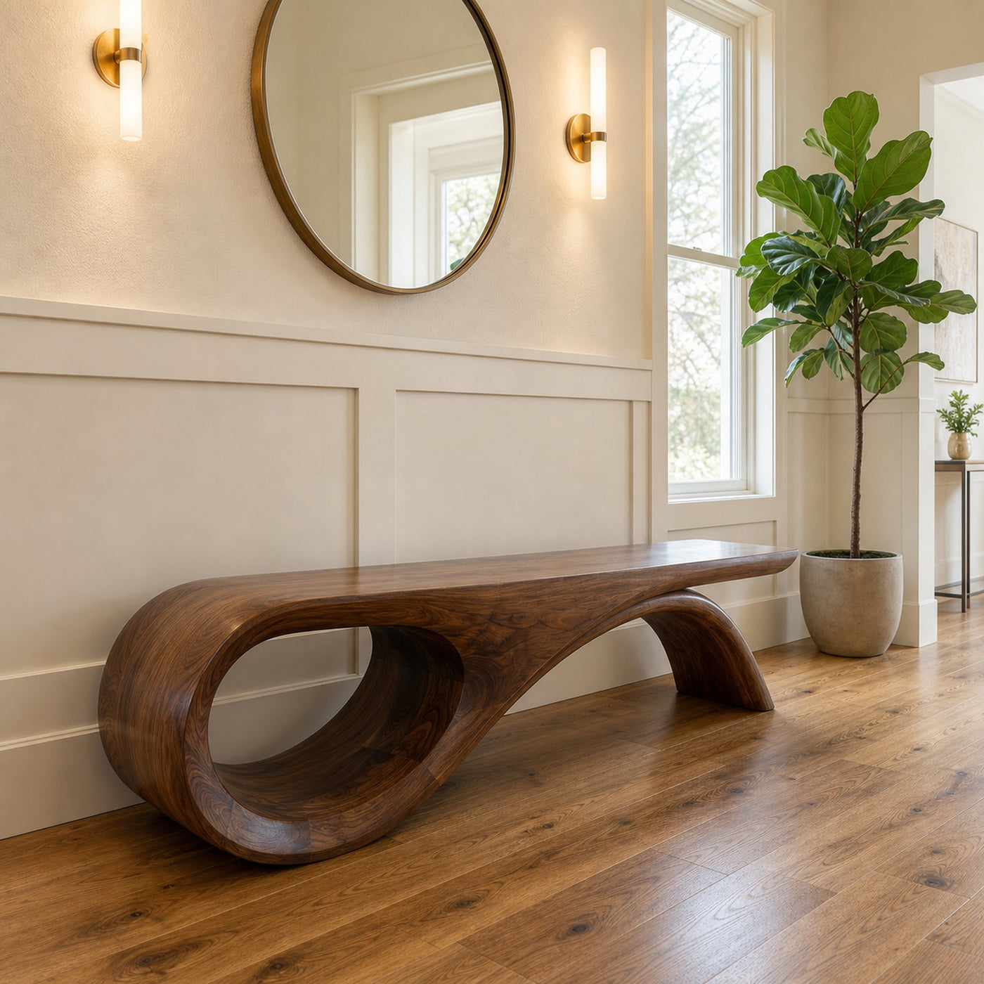 Rustic Solid Wood Bench Loop Curved Base Entryway And Living Room - product view 6