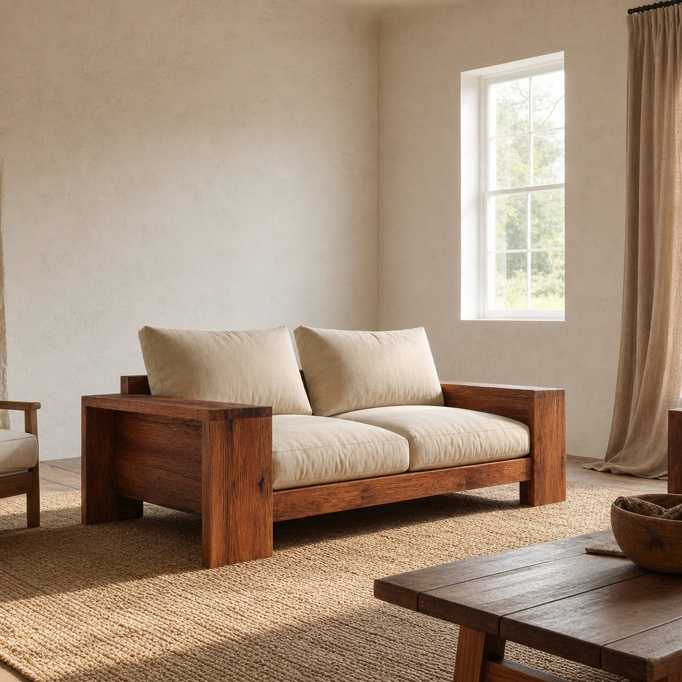 Rustic Solid Wood Sofa Living Room Minimalist Wooden Couch Interior Decor