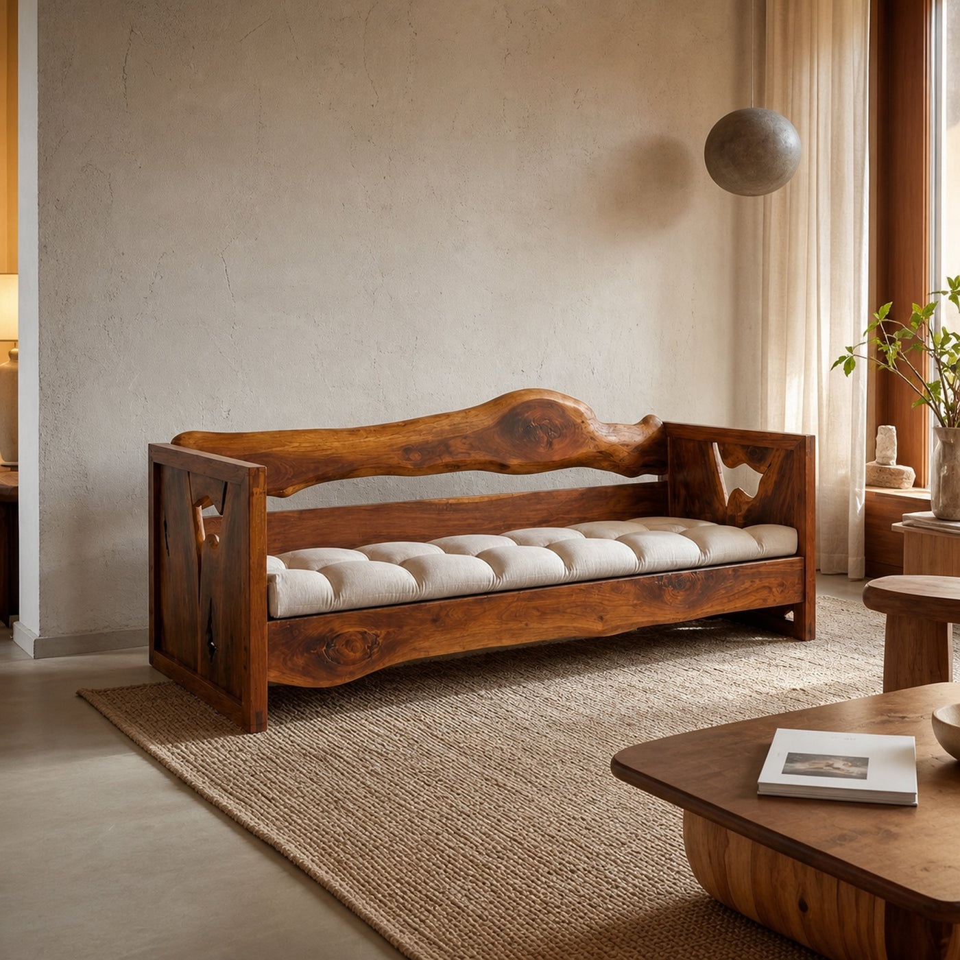 Rustic Solid Wood Sofa Living Room Natural Sculptural Couch