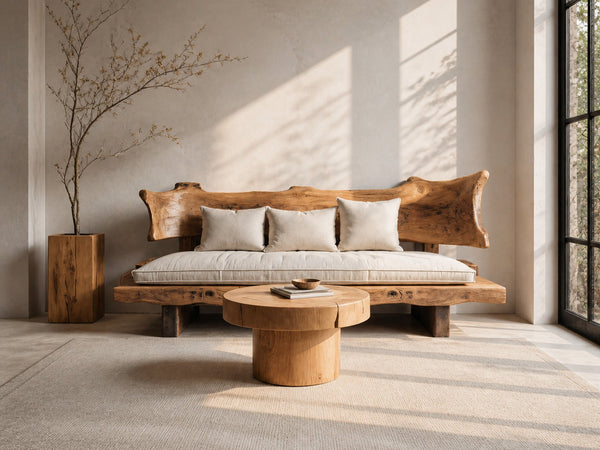 Rustic Solid Wood Sofa With Natural Edge Backrest For Living Room Or Lounge