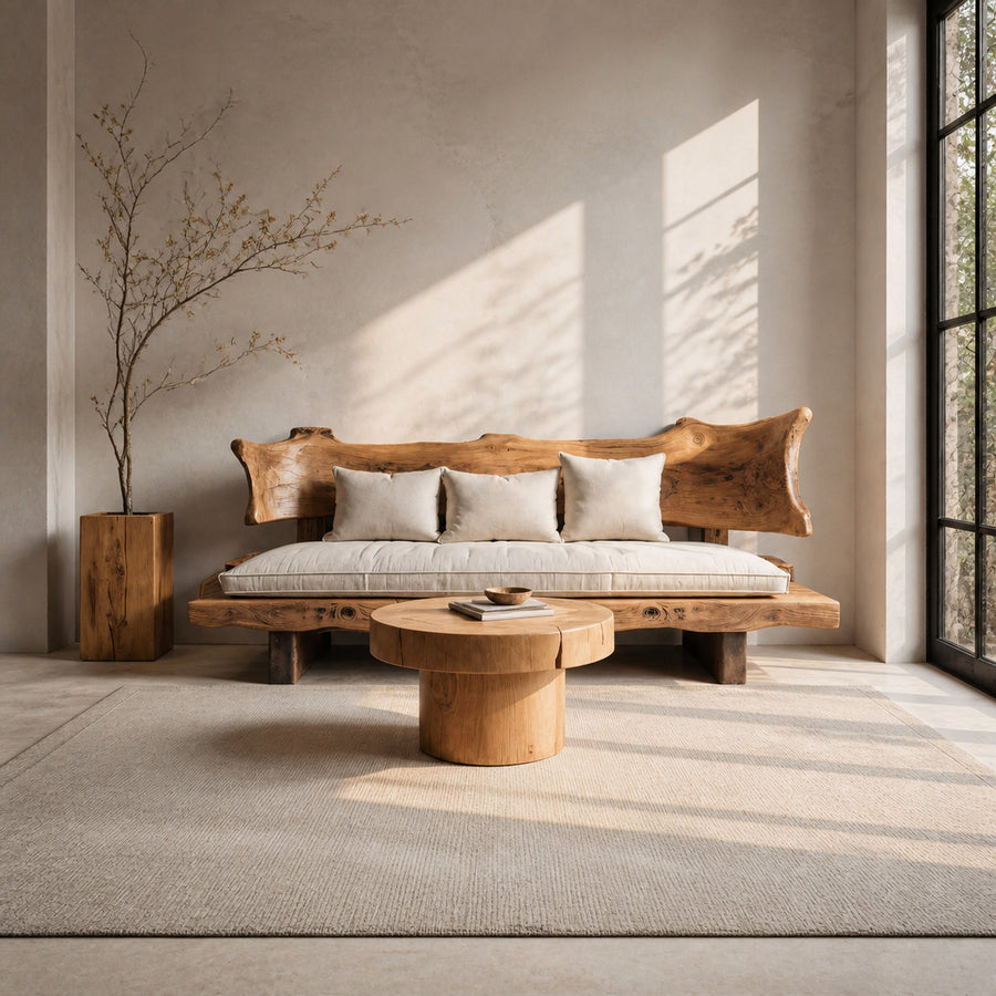 Rustic Solid Wood Sofa With Natural Edge Backrest For Living Room Or Lounge