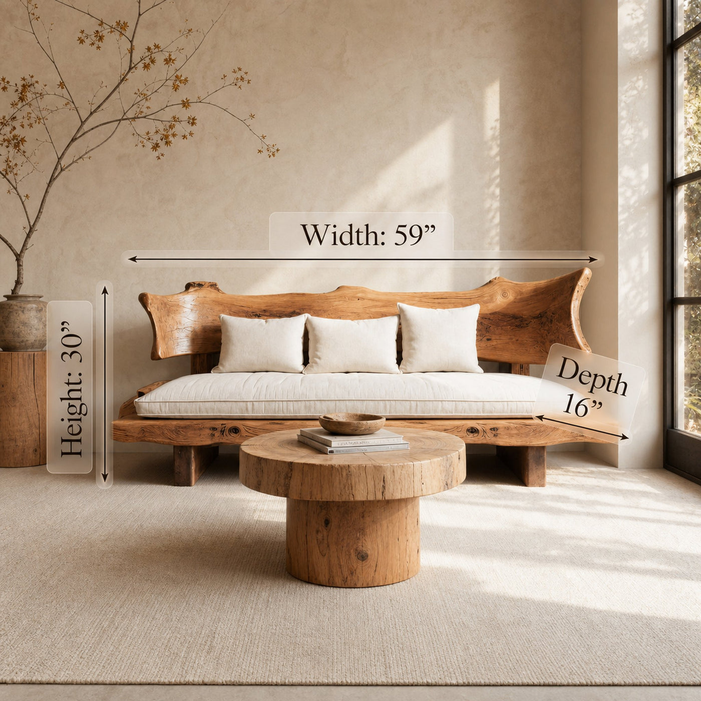 Rustic Solid Wood Sofa With Natural Edge Backrest For Living Room Or Lounge - product view 6