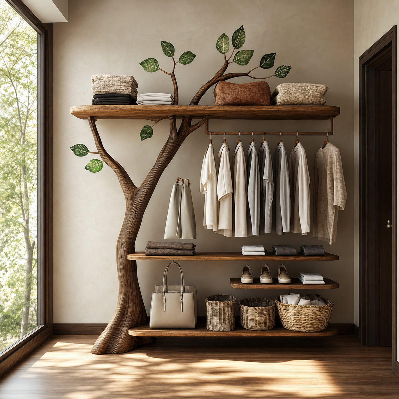 Rustic Solid Wood Tree Clothing Rack Artistic Bedroom