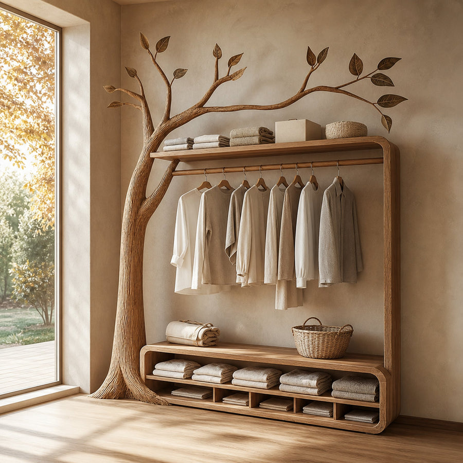 Rustic Solid Wood Tree Clothing Stand Natural Home