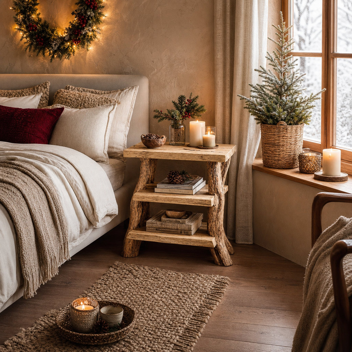 Rustic Tree Branch Bedside Table Christmas Bedroom Display