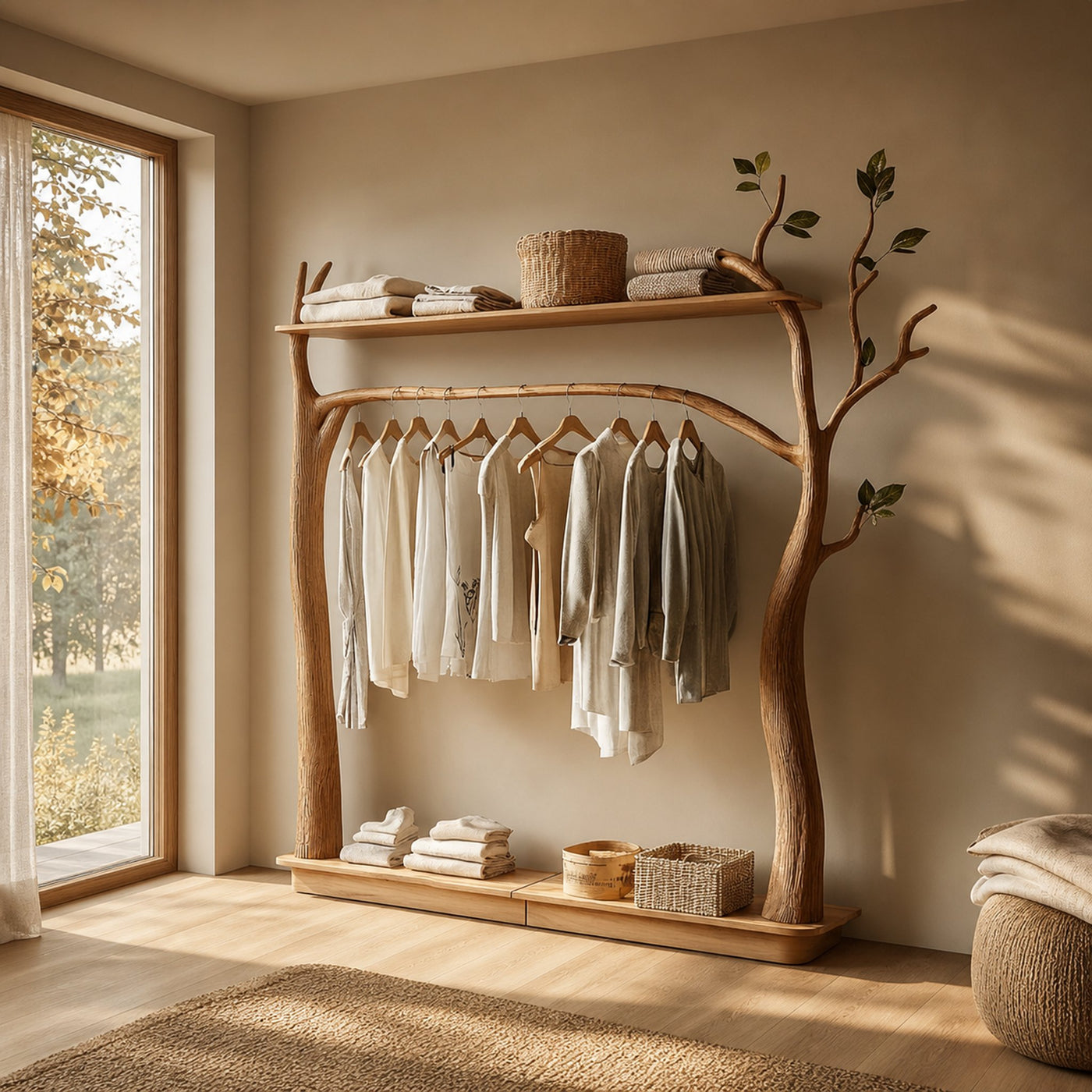 Rustic Tree Clothes Rack Solid Wood Bedroom Organizer