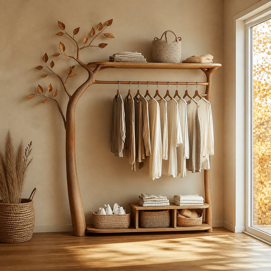 Rustic Tree Clothes Rack Solid Wood Bedroom Organizer