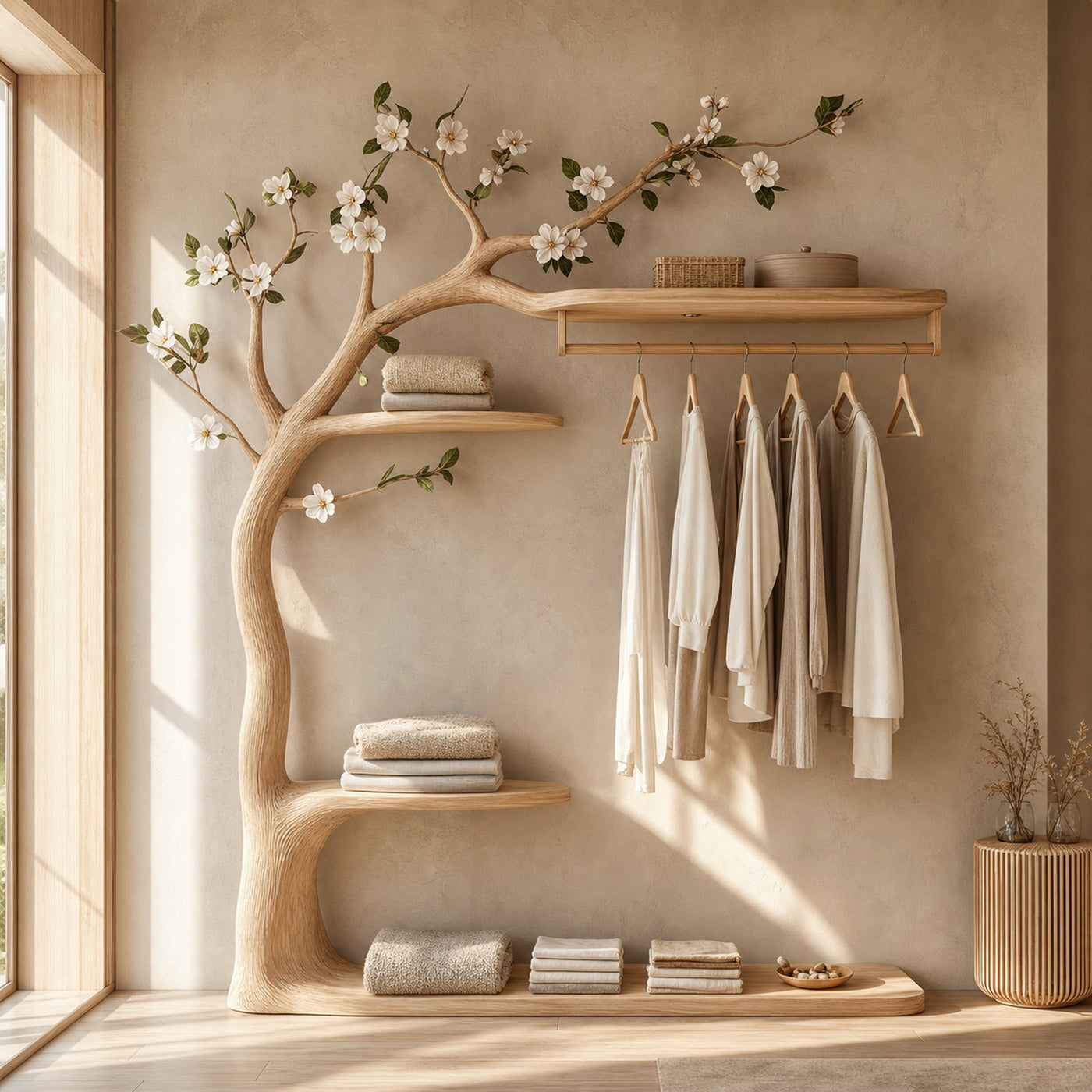 Rustic Tree Clothes Rack Solid Wood Bedroom Organizer